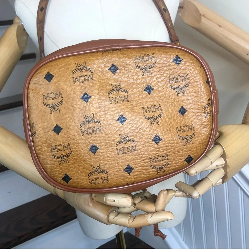 MCM Visetos Cognac Leather Monogram Bucket Drawstring Crossbody Bag EUC